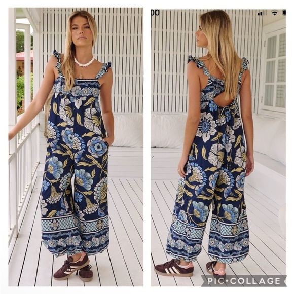 Free People Bali Albright Jumpsuit 100% Cotton Blue Boho Floral Balloon Legs - Picture 2 of 8